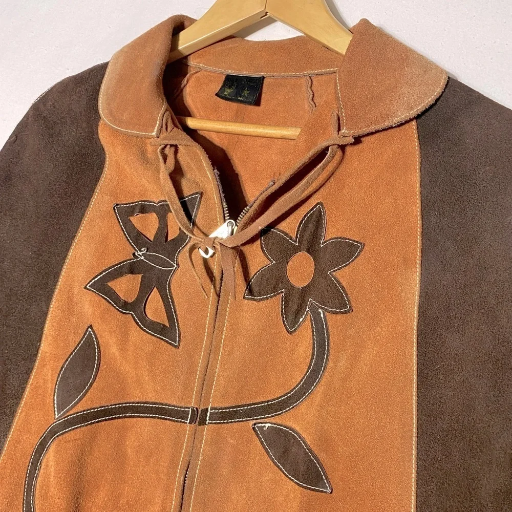 Vintage Two Tone Tan Brown Suede Leather Cape M Boho Western - Picture 8 of 16